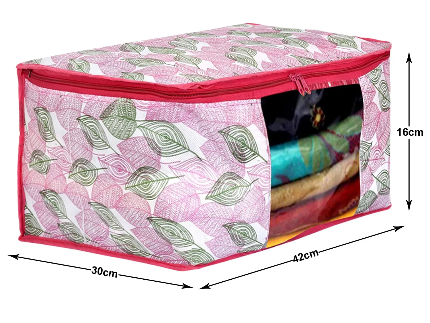 Kuber Industries Leaf Design Non-woven Foldable Saree Cover/Clothes Storage Bag/Wardrobe Organizer With Transparent Window- Pack of 9 (Pink)-44KM0365