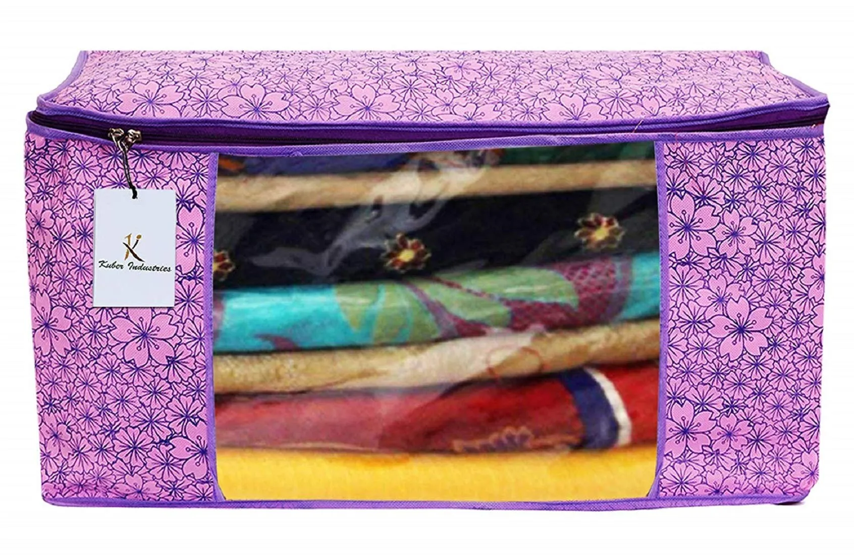 Kuber Industries Metallic Printed Non Woven 2 Pieces Saree Cover and 2 Pieces Underbed Storage Bag, Cloth Organizer for Storage, Blanket Cover Combo Set (Pink & Purple) -CTKTC038572