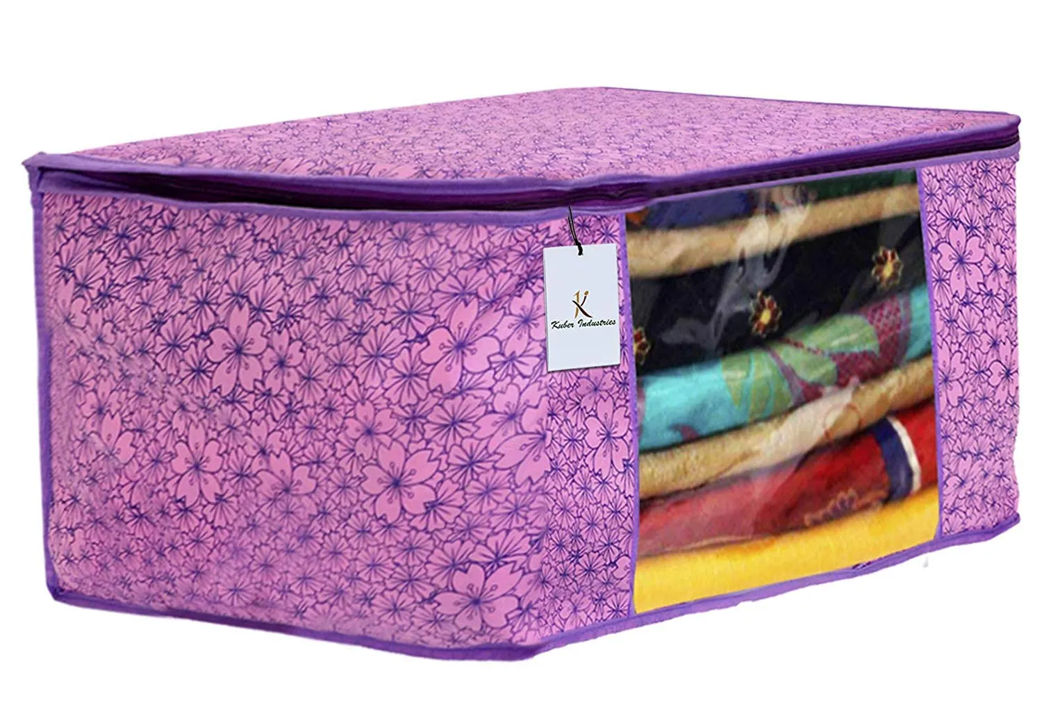 Kuber Industries Metallic Printed Non Woven 2 Pieces Saree Cover and 2 Pieces Underbed Storage Bag, Cloth Organizer for Storage, Blanket Cover Combo Set (Pink & Purple) -CTKTC038572