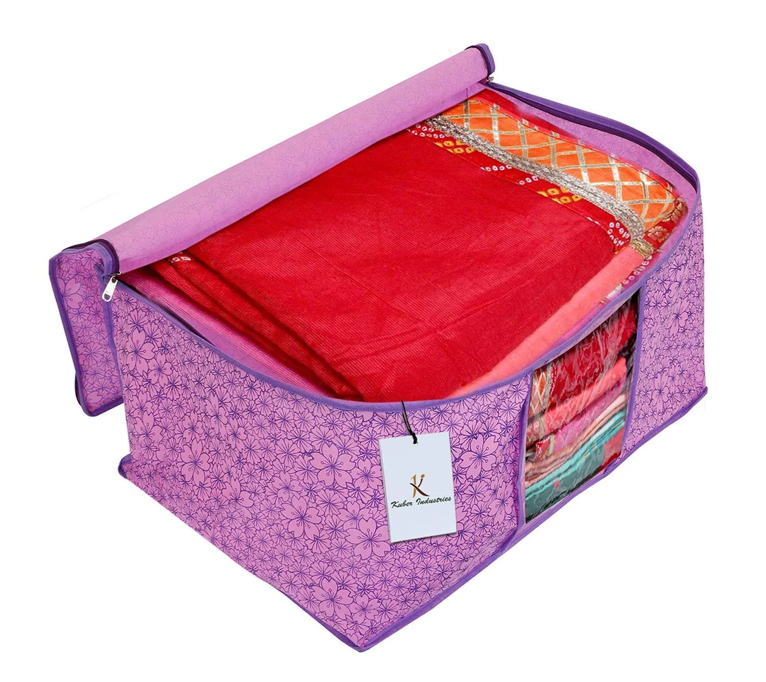 Kuber Industries Metallic Printed Non Woven 2 Pieces Saree Cover and 2 Pieces Underbed Storage Bag, Cloth Organizer for Storage, Blanket Cover Combo Set (Pink & Purple) -CTKTC038572