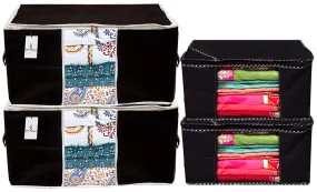 Kuber Industries Non Woven 2 Pieces Saree Cover and 2 Pieces Underbed Storage Bag, Cloth Organizer for Storage, Blanket Cover Combo Set (Black) -CTKTC038464