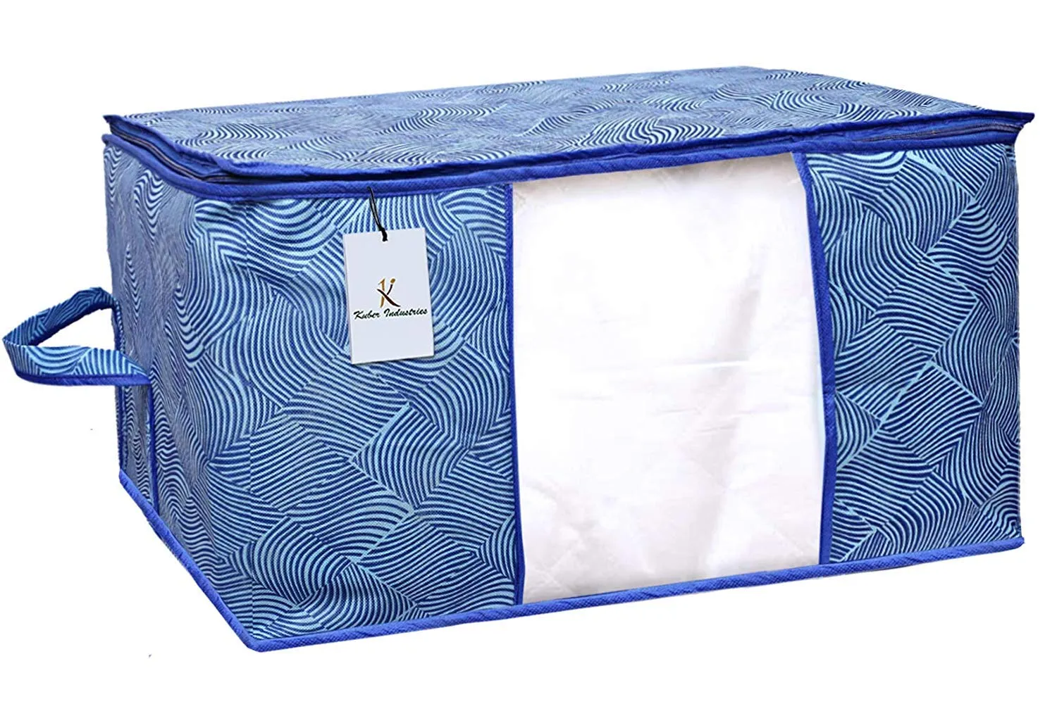 Kuber Industries Non-Woven Rectangular Laheriya Design Non Woven Underbed Blanket Cover With Transparent Window Storage Organizer Bag (Extra Large, Blue, Ctktc034507) - 2 Pieces, 47 Centimeters