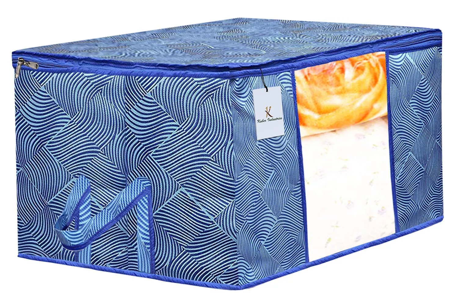 Kuber Industries Non-Woven Rectangular Laheriya Design Non Woven Underbed Blanket Cover With Transparent Window Storage Organizer Bag (Extra Large, Blue, Ctktc034507) - 2 Pieces, 47 Centimeters