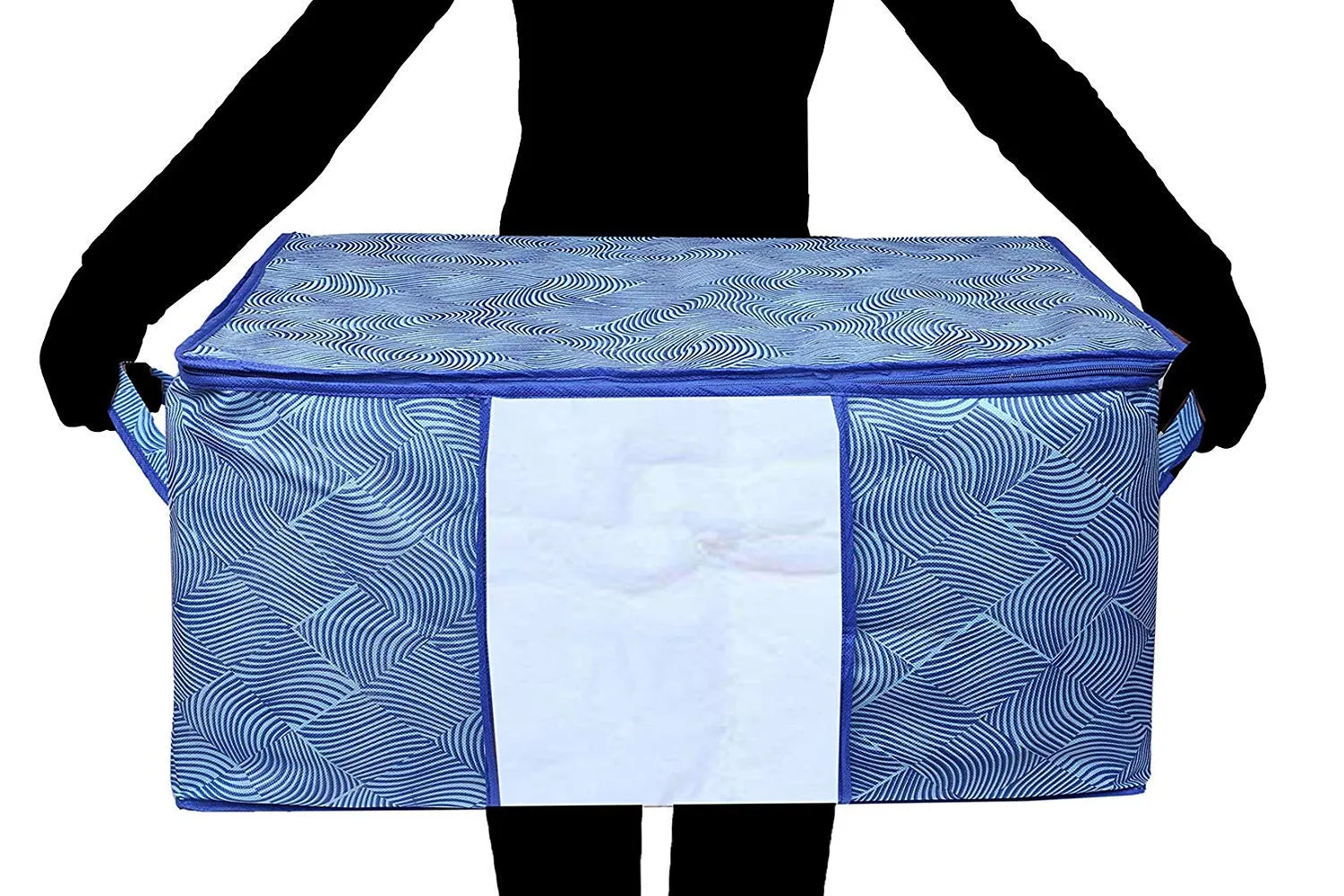 Kuber Industries Non-Woven Rectangular Laheriya Design Non Woven Underbed Blanket Cover With Transparent Window Storage Organizer Bag (Extra Large, Blue, Ctktc034507) - 2 Pieces, 47 Centimeters