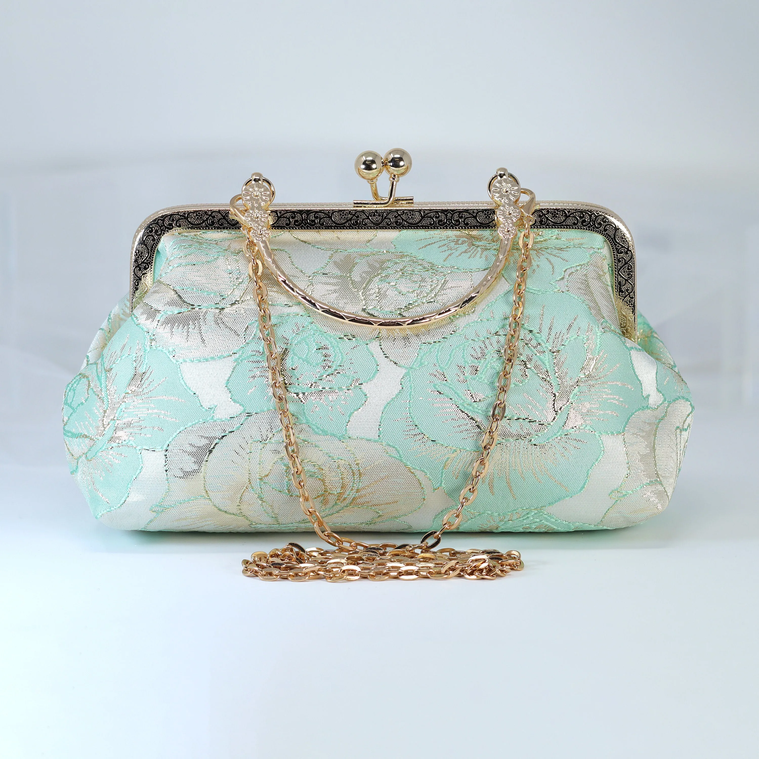 Light Blue Shimmering Gold Rose Floral Wedding Bag, Statement Bag, Evening Clutch, Wedding Clutch, Bridal Clutch, White Cross Body Bag