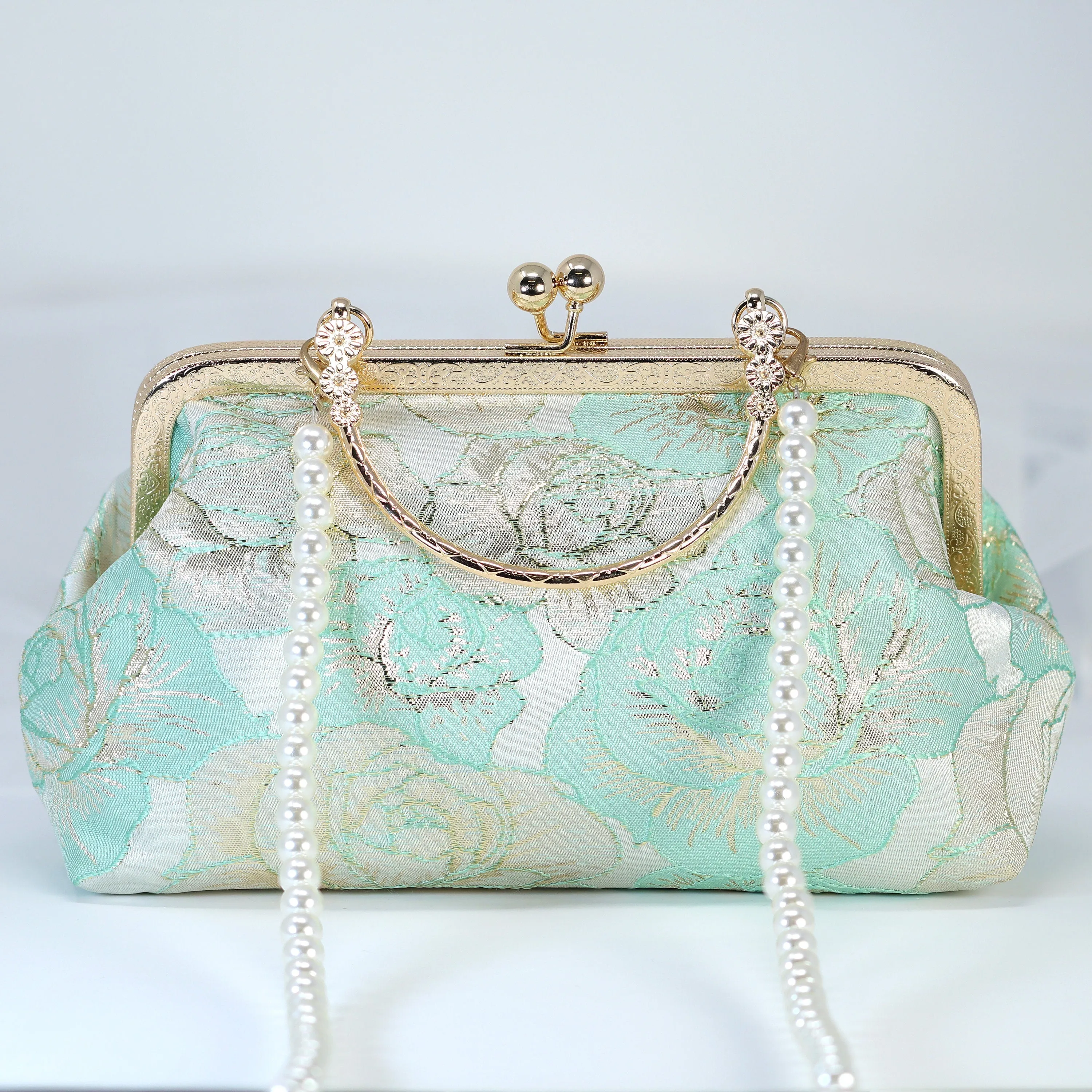 Light Blue Shimmering Gold Rose Floral Wedding Bag, Statement Bag, Evening Clutch, Wedding Clutch, Bridal Clutch, White Cross Body Bag