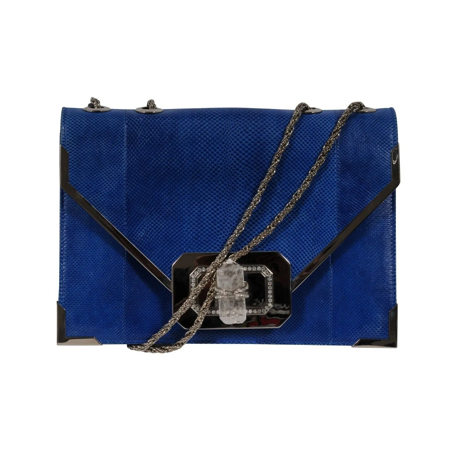 Marchesa Valentina Crystal Shoulder Bag Blue Snakeskin Leather  Python Silver