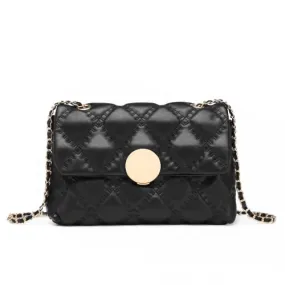 Miss Lulu Smooth Flap Chain Shoulder Bag - Black | Elegant PU Leather Crossbody Bag