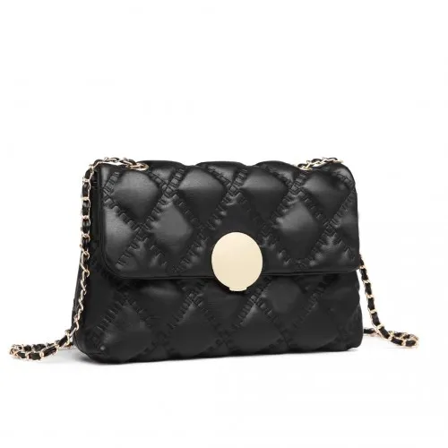 Miss Lulu Smooth Flap Chain Shoulder Bag - Black | Elegant PU Leather Crossbody Bag