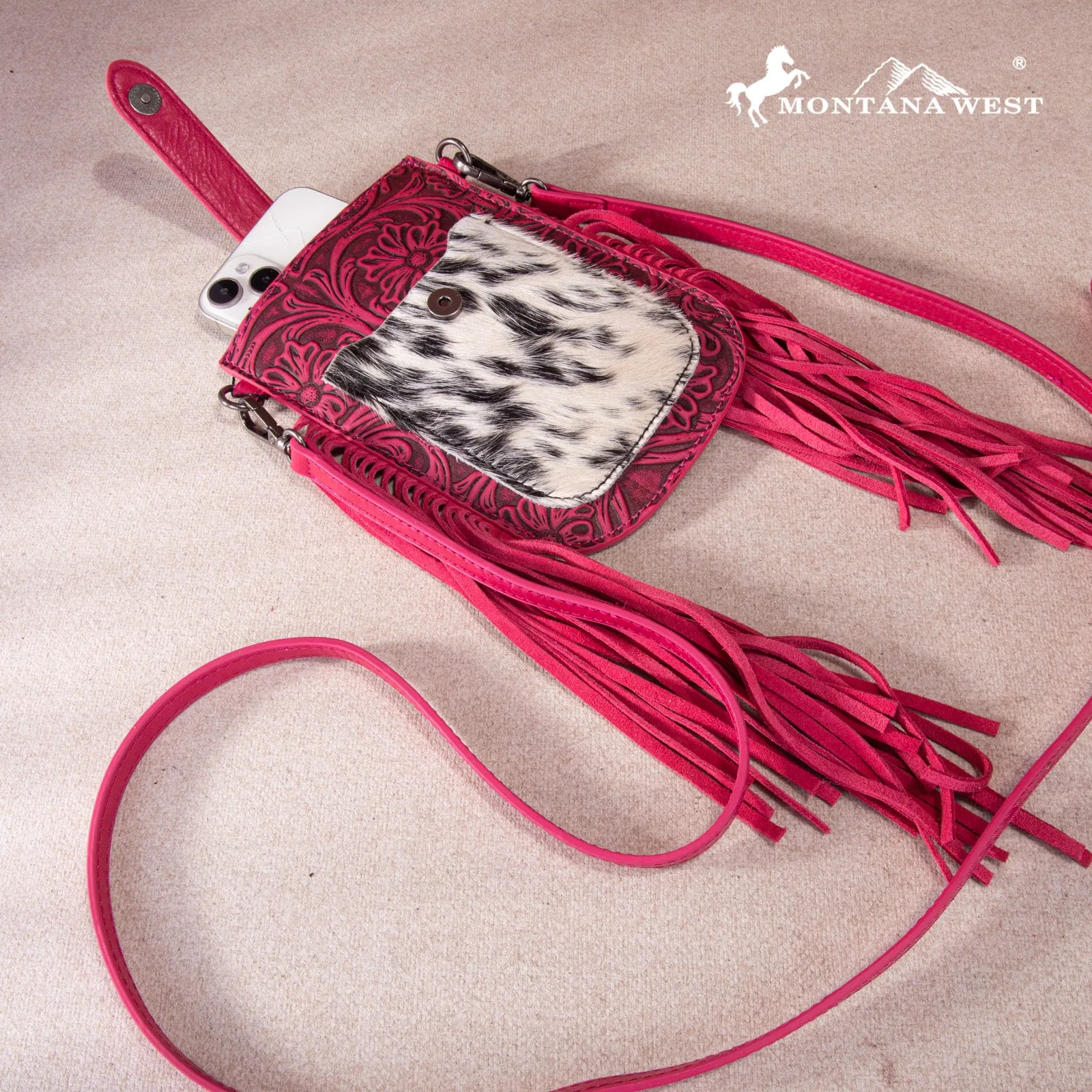 MW1263-200 Montana West Hair-On Cowhide Fringe Phone Wallet Crossbody