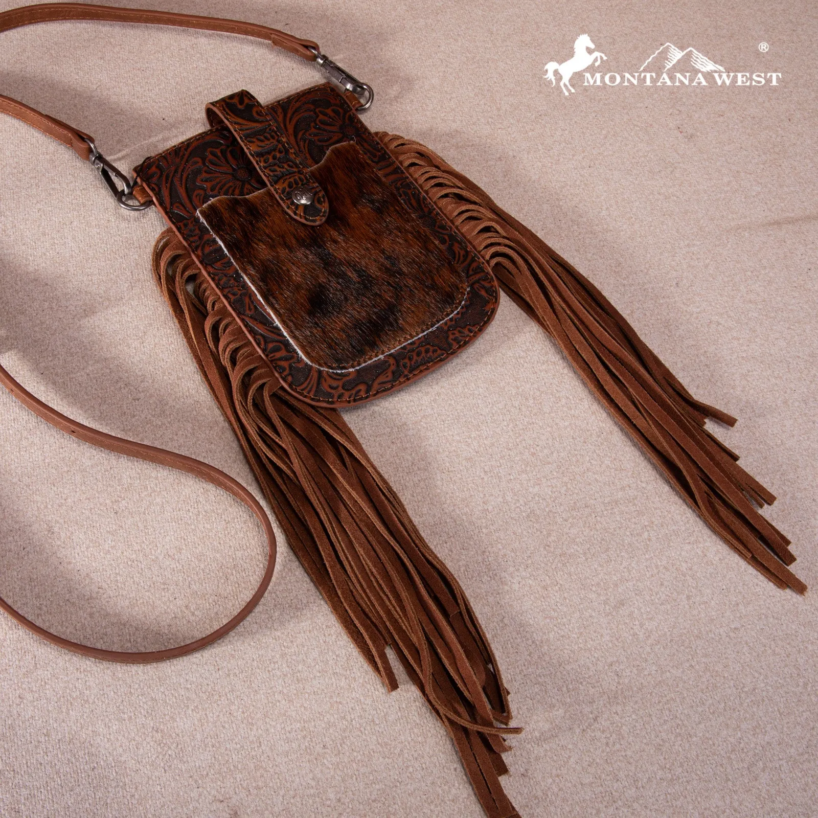 MW1263-200 Montana West Hair-On Cowhide Fringe Phone Wallet Crossbody