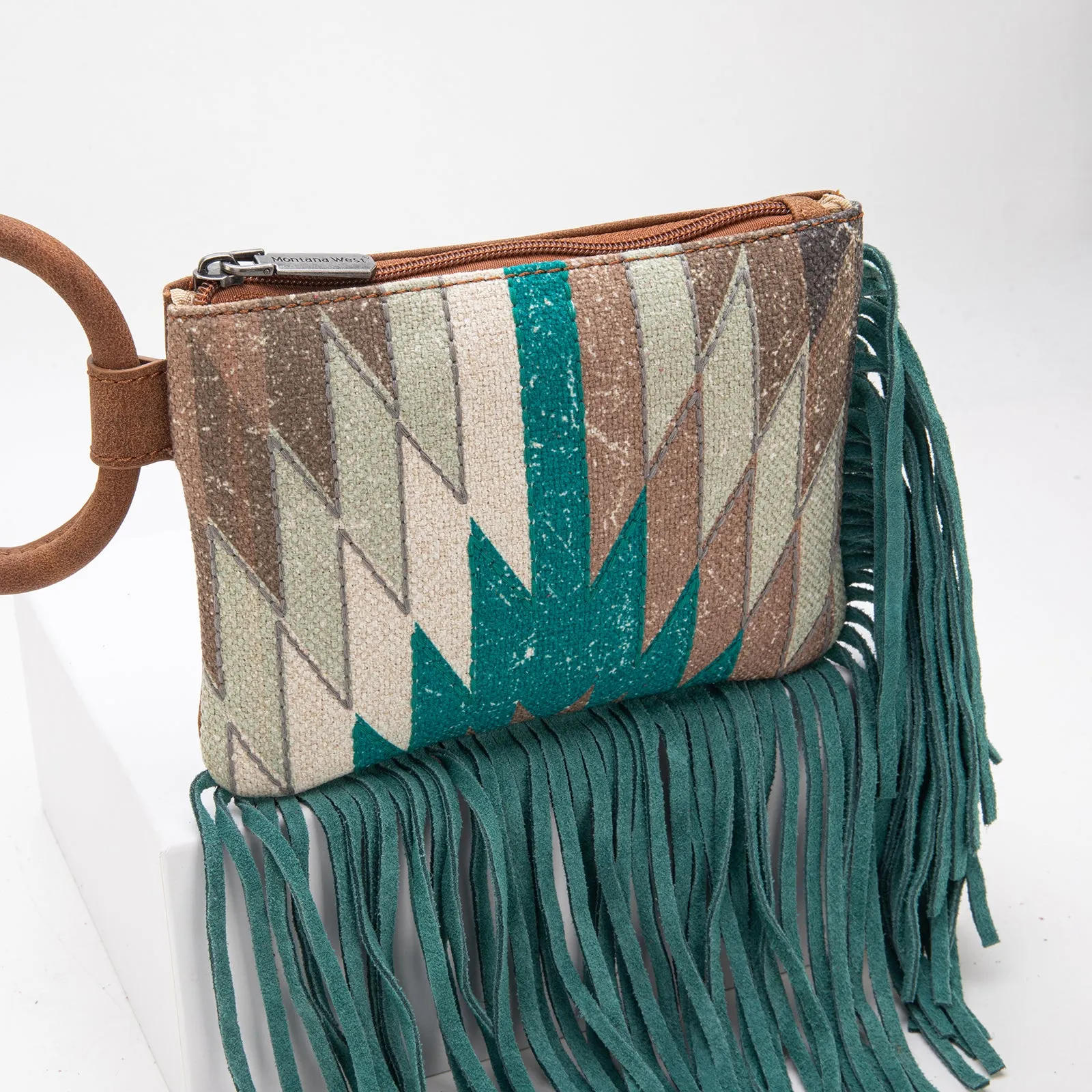 MW1290-181 Montana West Aztec Print Fringe Ring Handle Wristlet Clutch Bag