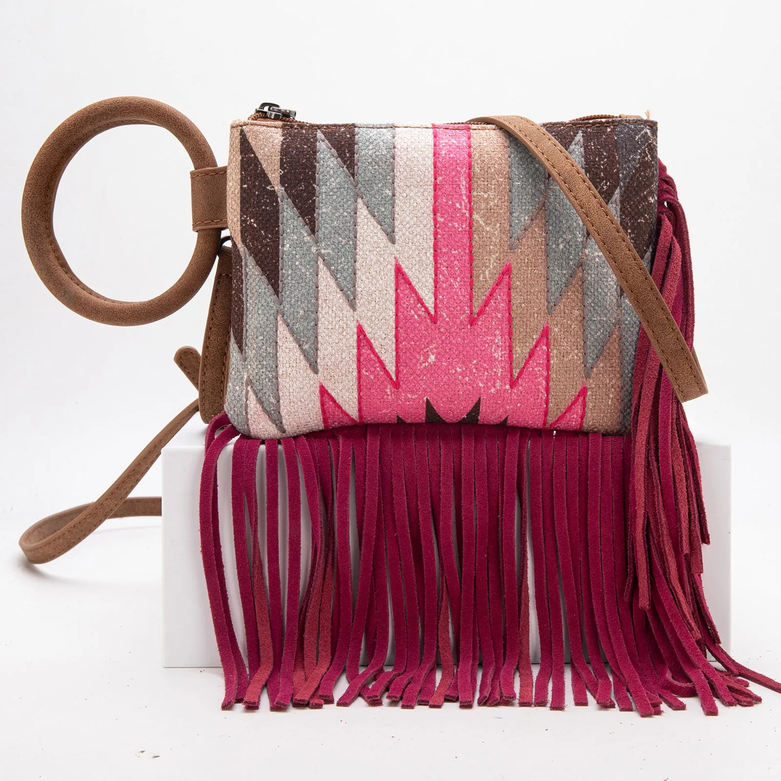 MW1290-181 Montana West Aztec Print Fringe Ring Handle Wristlet Clutch Bag