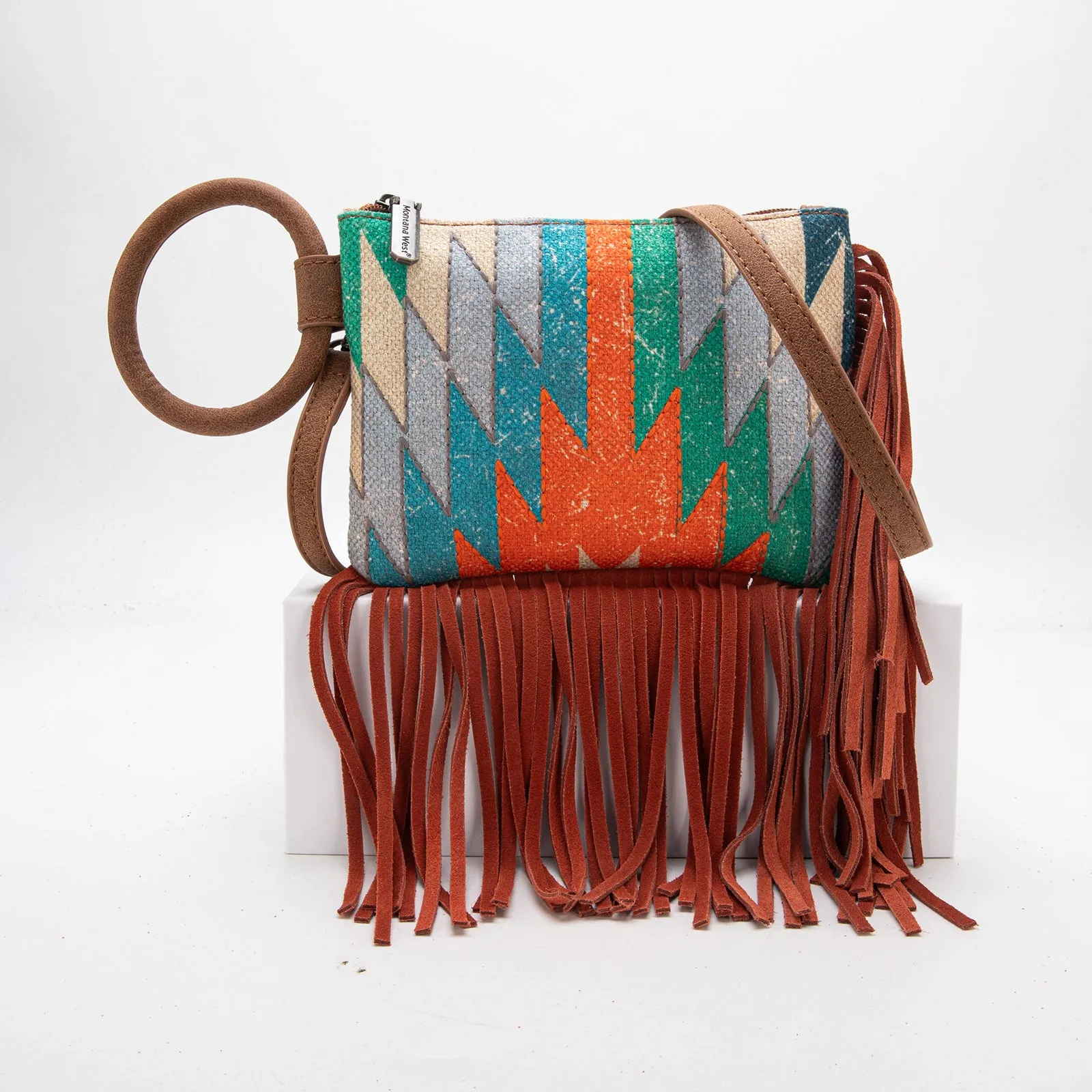 MW1290-181 Montana West Aztec Print Fringe Ring Handle Wristlet Clutch Bag