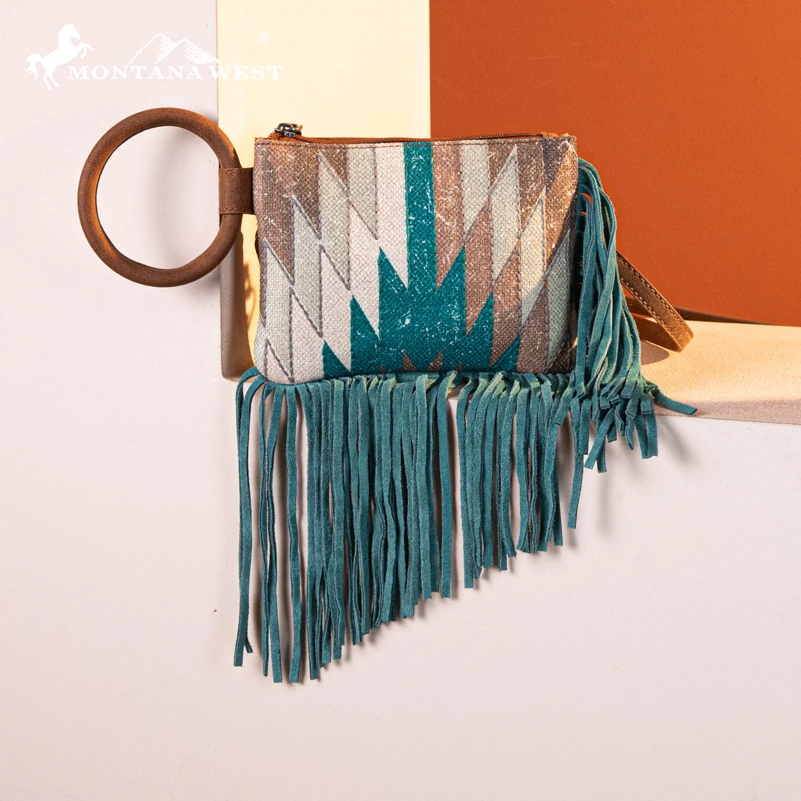 MW1290-181 Montana West Aztec Print Fringe Ring Handle Wristlet Clutch Bag