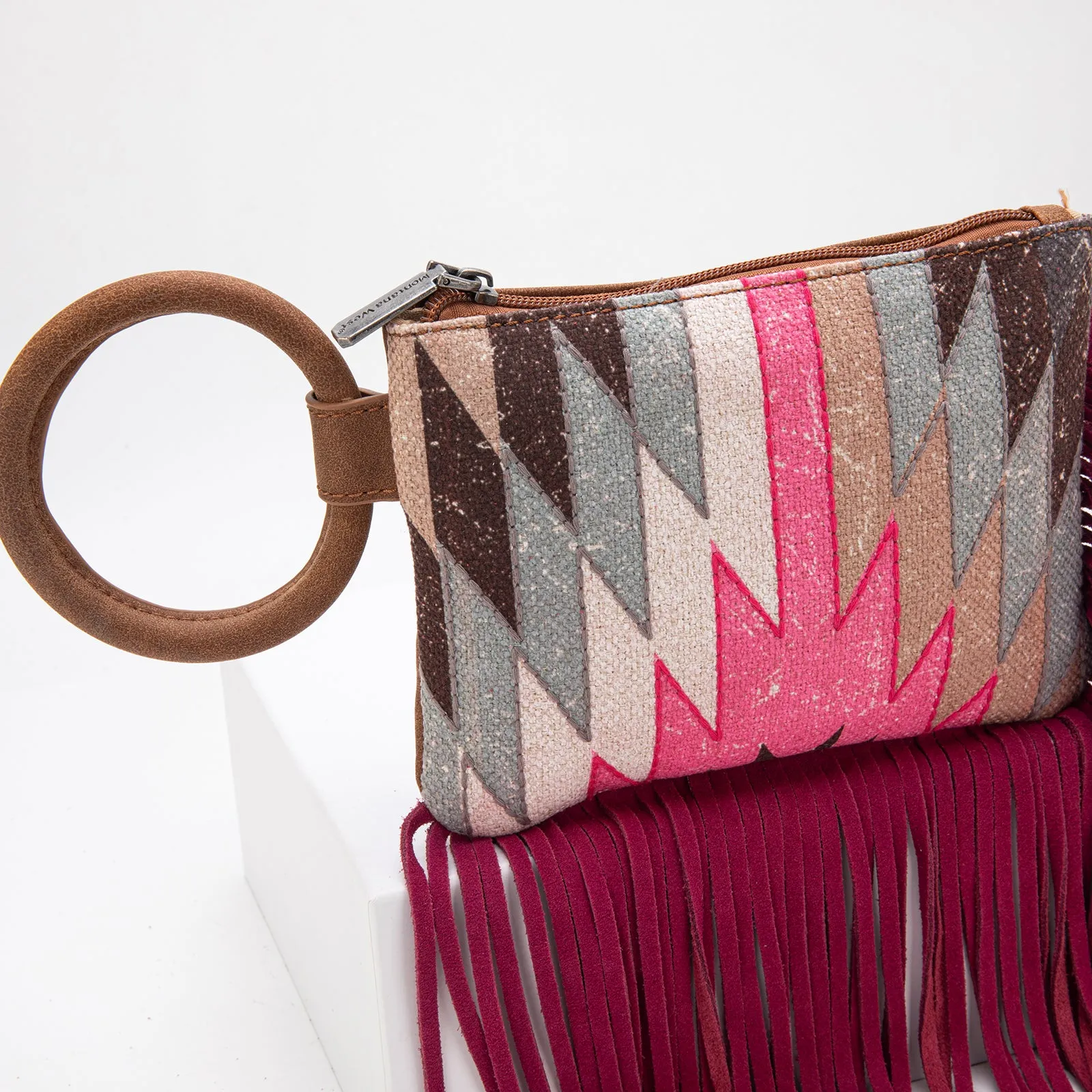 MW1290-181 Montana West Aztec Print Fringe Ring Handle Wristlet Clutch Bag