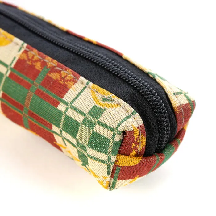 Nishijin-ori Pencil Case - Good-Luck Cat and Cross Stripes Pattern / Brown - ,  Made in Kyoto, Japan,  Japanese traditional craft pen case