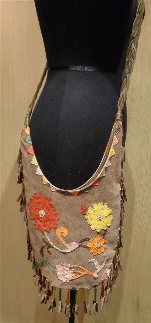 Orciani  Fringed Suede Shoulder Bag with Floral Applique and Beading