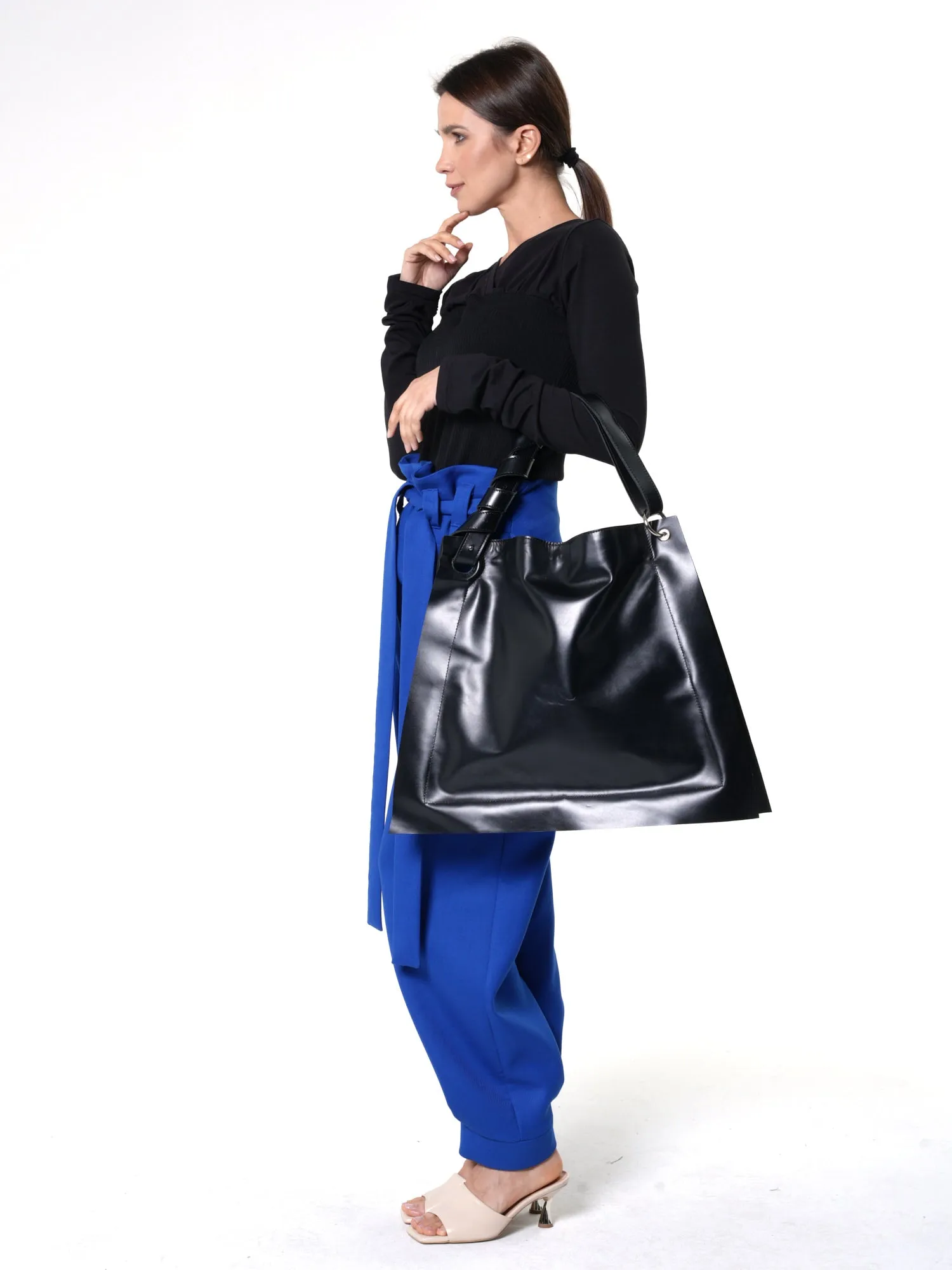 Oversized Black Leather Tote Bag