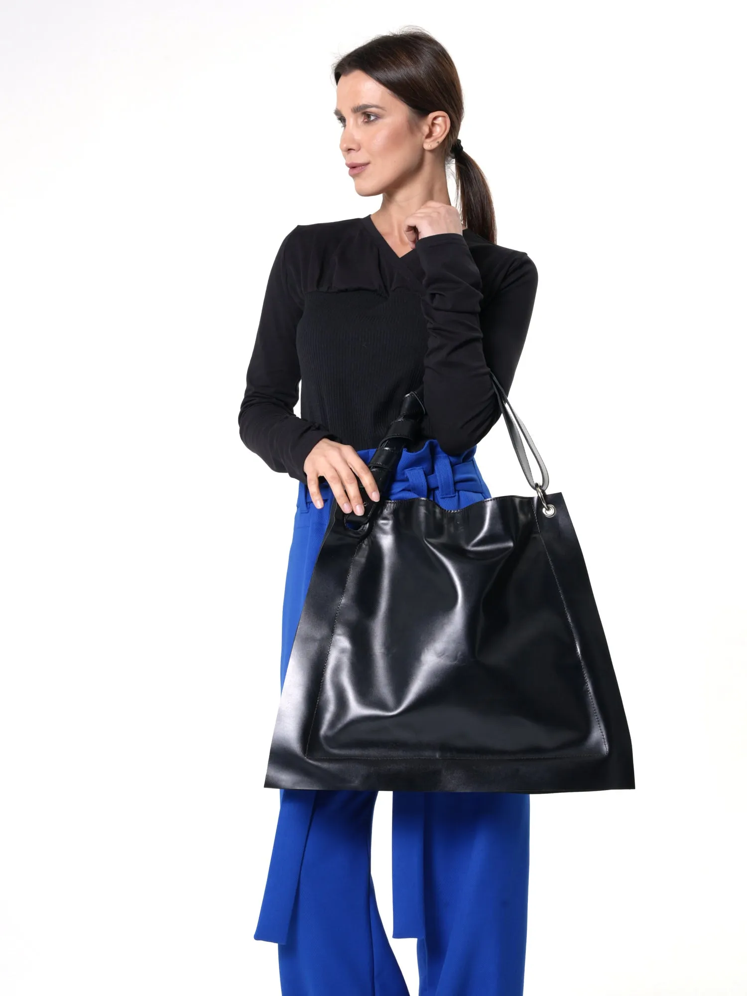 Oversized Black Leather Tote Bag