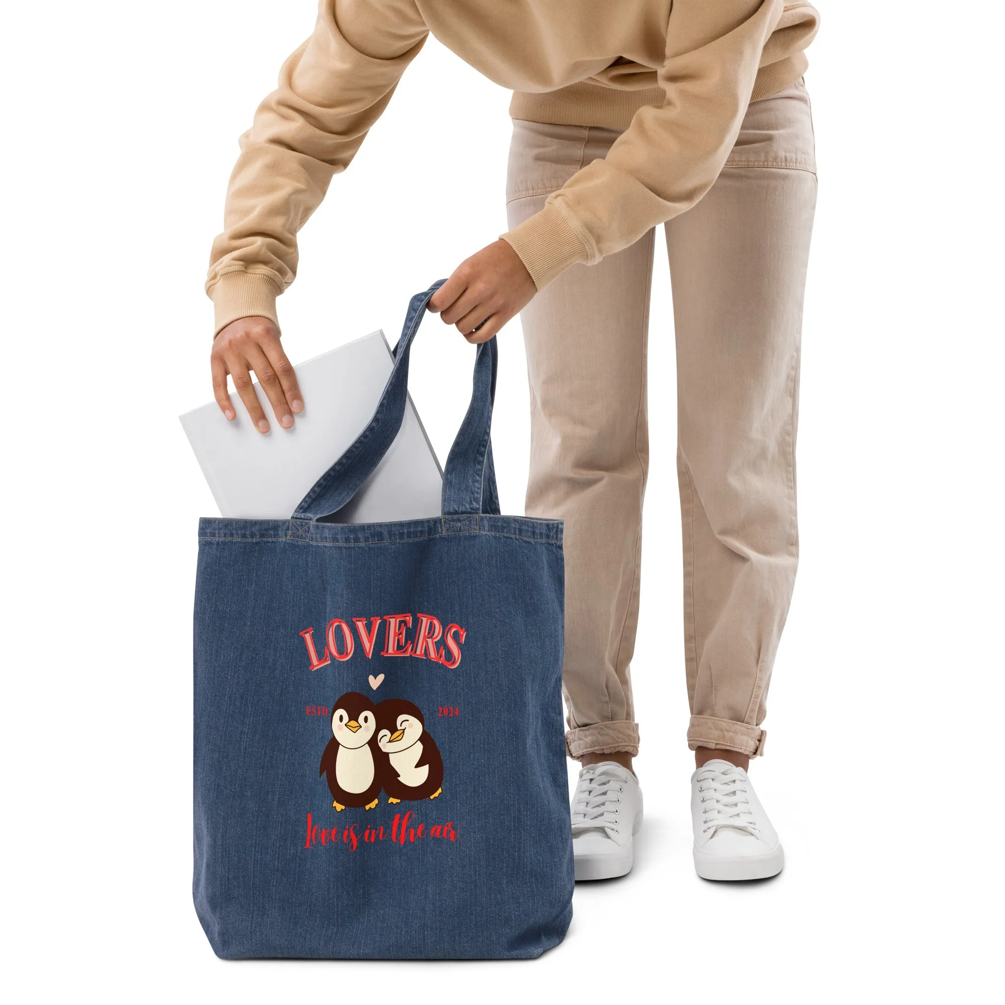 Penguin Love, Organic denim tote bag