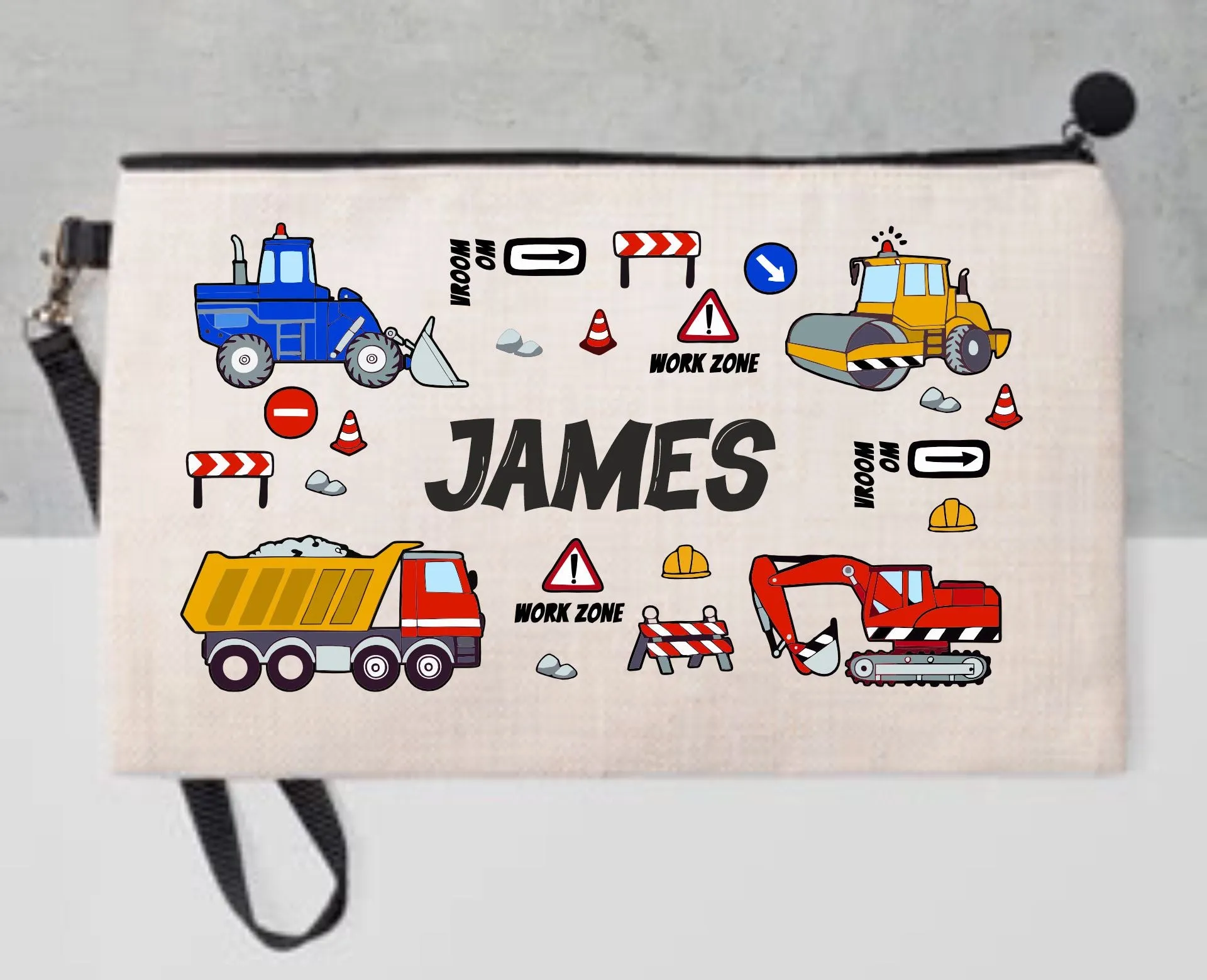 Personalised Trucks Pencil Case, Make up Bag, School Kids Linen - I Love Diggers - Construction