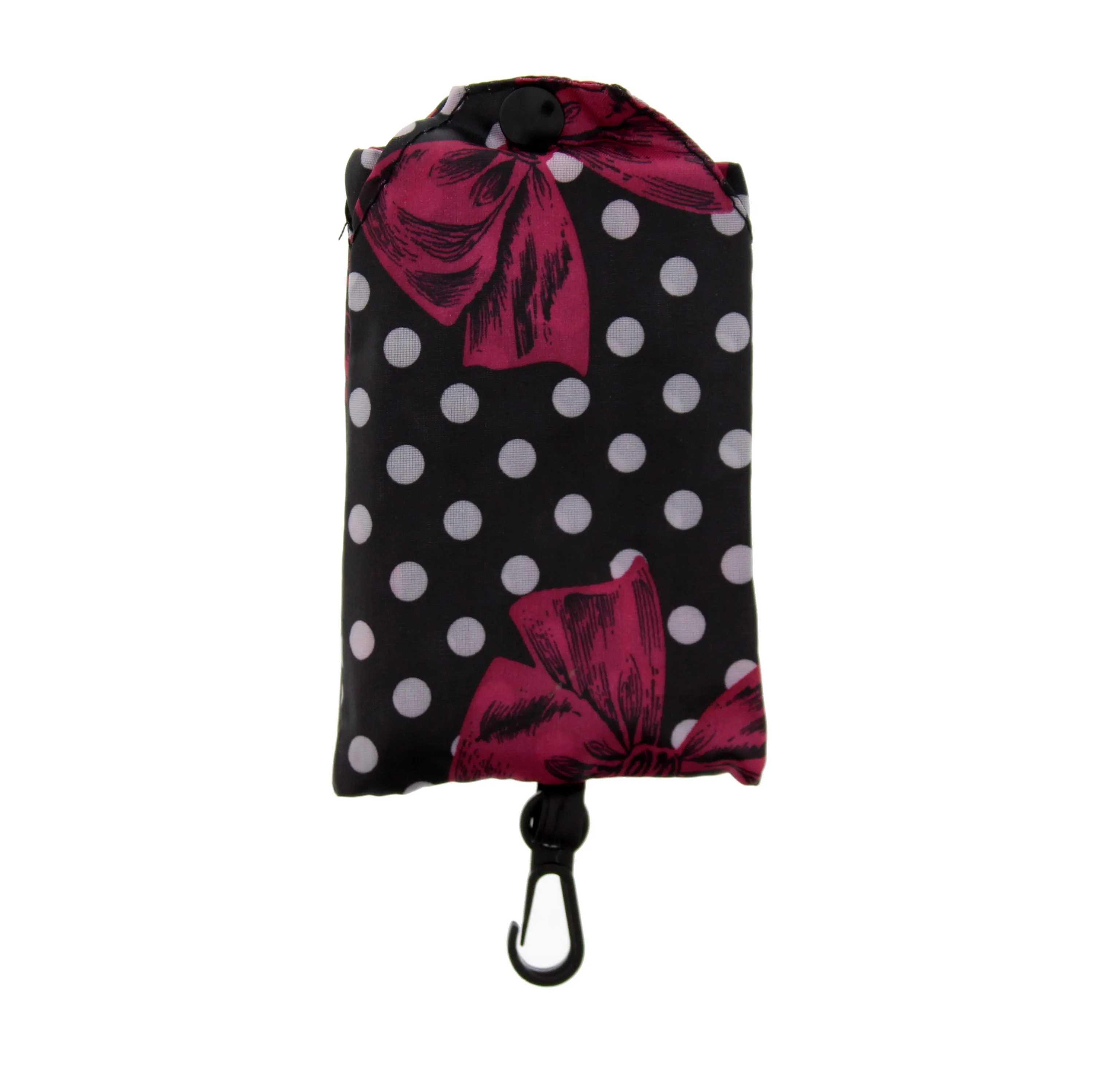 Pink Bows & Polka Dots on Black Shopping Bag in Pocket Pouch