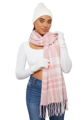 Plaid Boucle Scarf with Pom Pom Beanie and Gloves