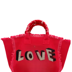 Red Love Blocks Fringe Canvas Bag