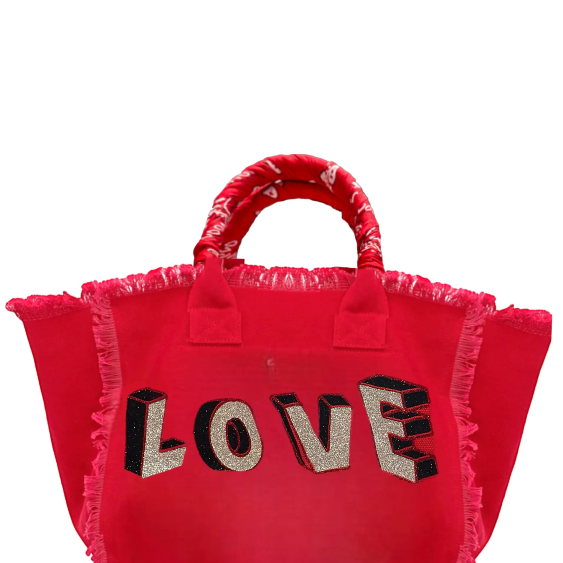 Red Love Blocks Fringe Canvas Bag