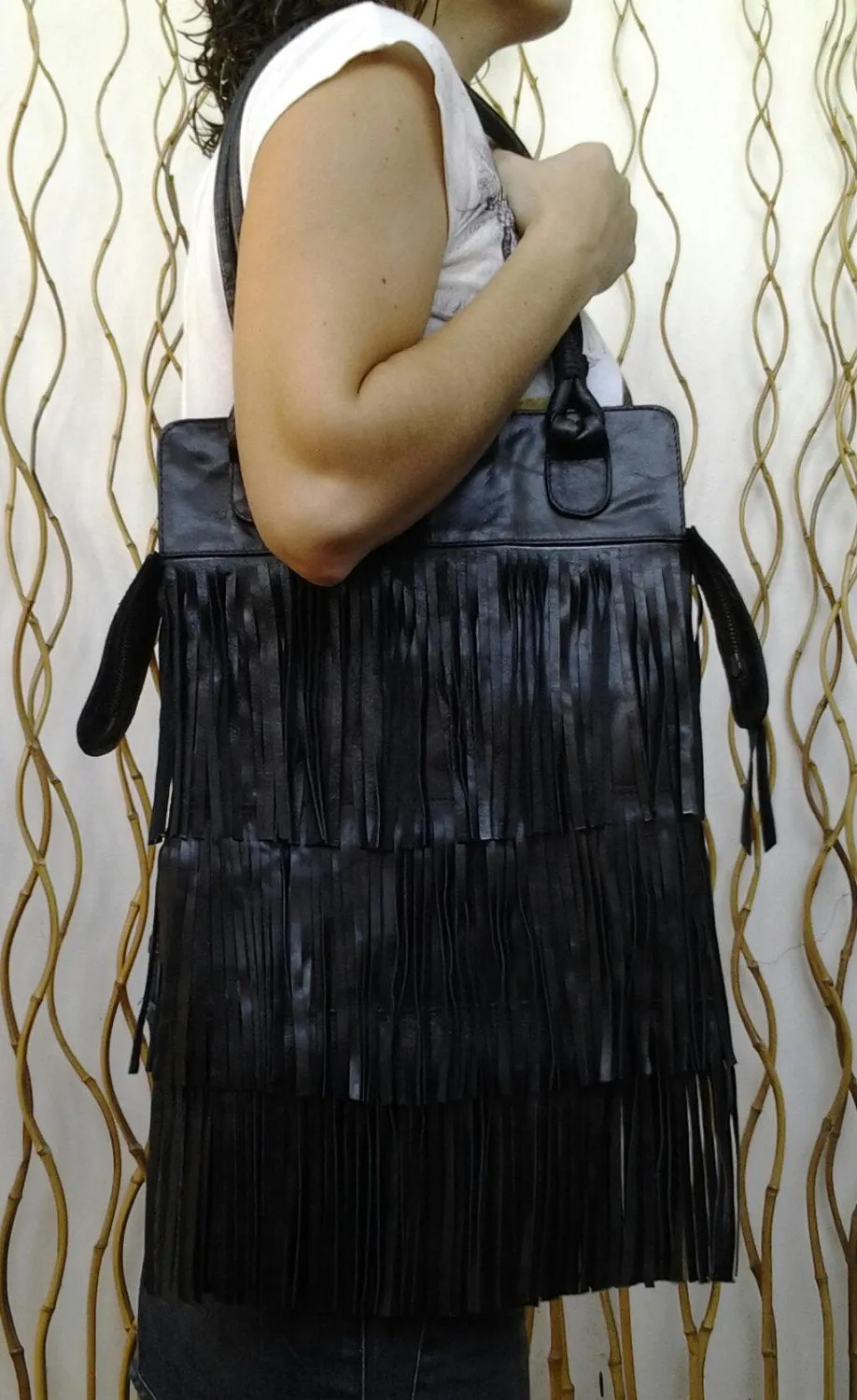 REDUCED PRICE!! Texas Fringe Black Leather Bag / Boho Chic