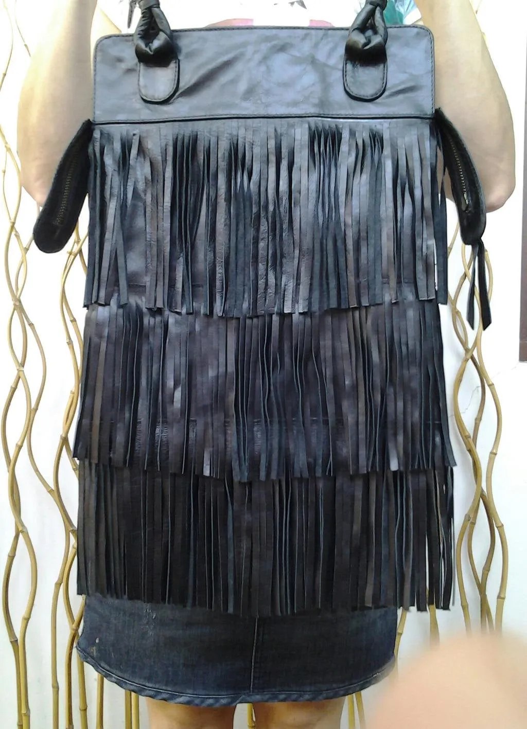 REDUCED PRICE!! Texas Fringe Black Leather Bag / Boho Chic