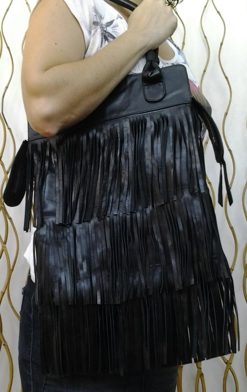 REDUCED PRICE!! Texas Fringe Black Leather Bag / Boho Chic