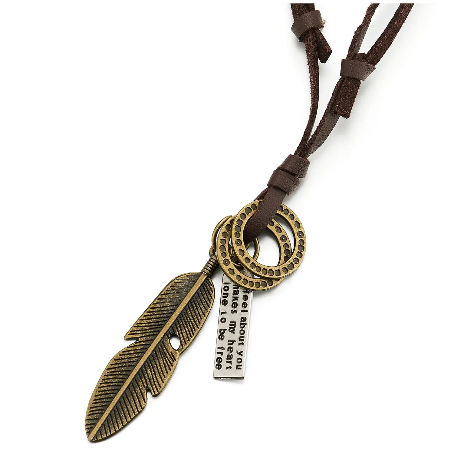 Retro Style Aged Brass Feather Pendant with Adjustable Brown Leather Cord Necklace Unisex Men Women