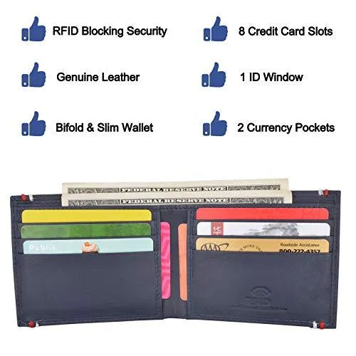 RFID Blocking Bifold Soft Genuine Leather Wallet for Men Slim Thin Design Billfold Navy Blue RFID611308