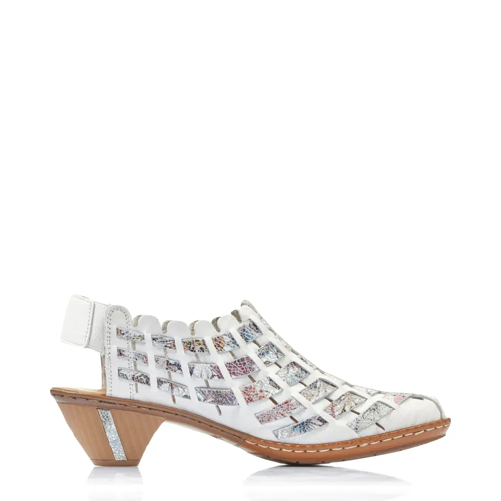 Rieker Women's Sina 78 Woven Heeled Sling in White Multi