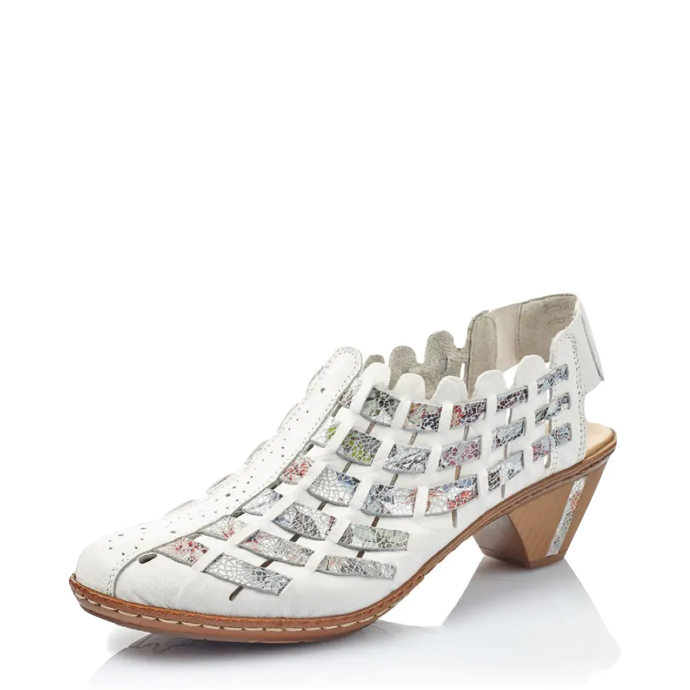 Rieker Women's Sina 78 Woven Heeled Sling in White Multi