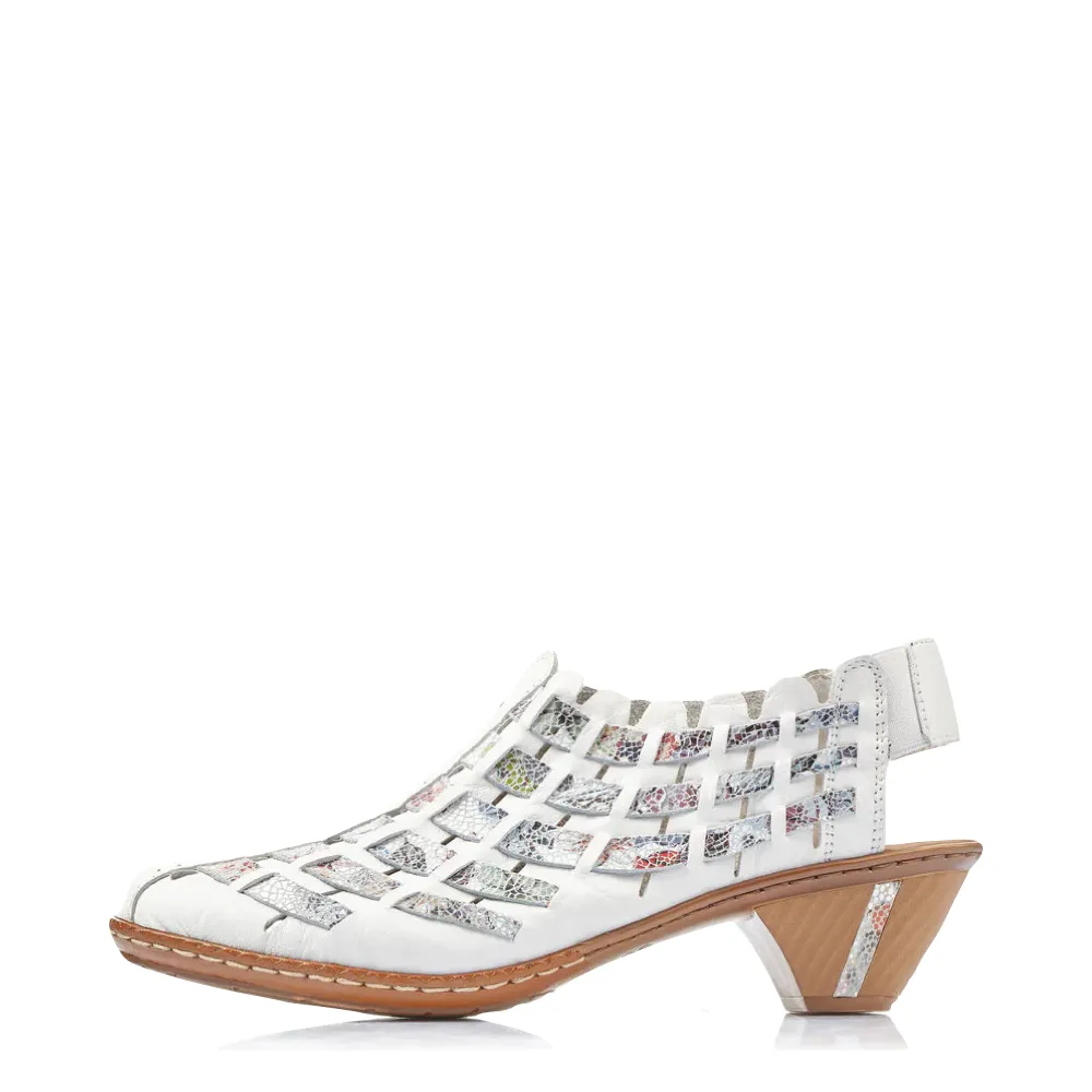 Rieker Women's Sina 78 Woven Heeled Sling in White Multi