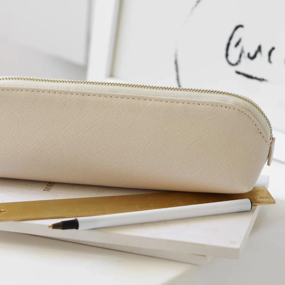 Saffiano Leather Slim Pencil Case - Nude