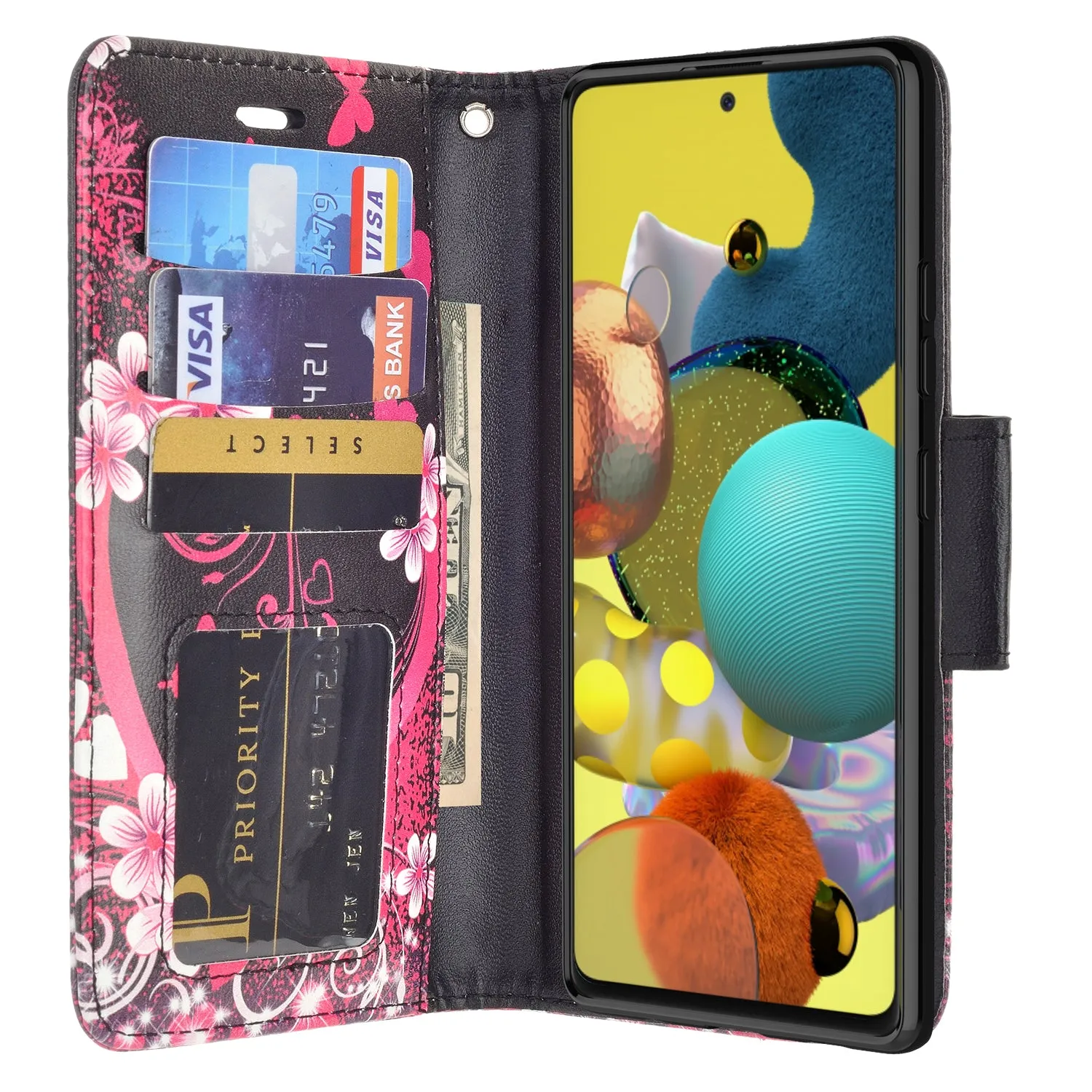 Samsung Galaxy A51 5G Case, Galaxy A51 5G Wallet Case, Wrist Strap Pu Leather Wallet Case [Kickstand] with ID & Credit Card Slots - Heart Butterfly