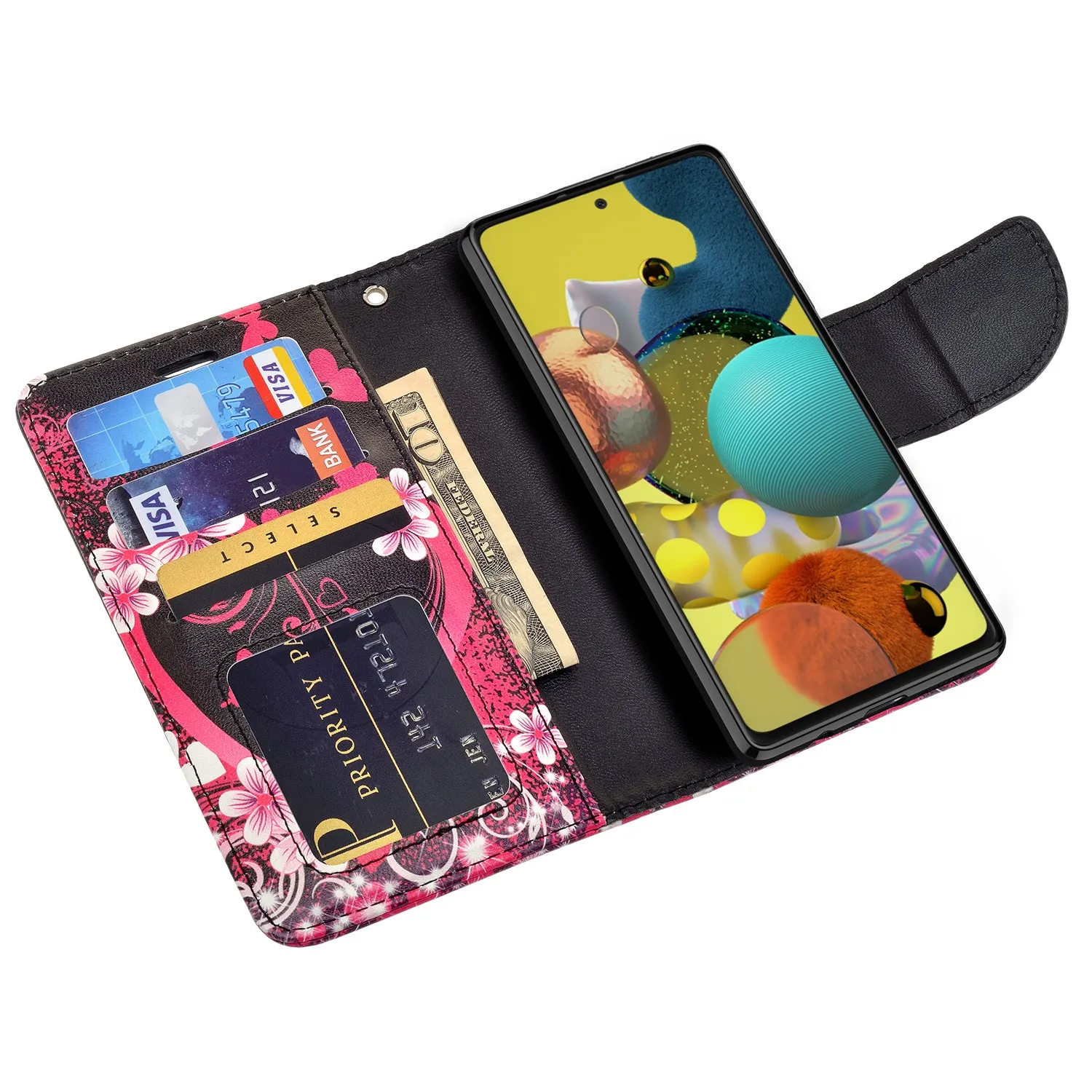 Samsung Galaxy A51 5G Case, Galaxy A51 5G Wallet Case, Wrist Strap Pu Leather Wallet Case [Kickstand] with ID & Credit Card Slots - Heart Butterfly