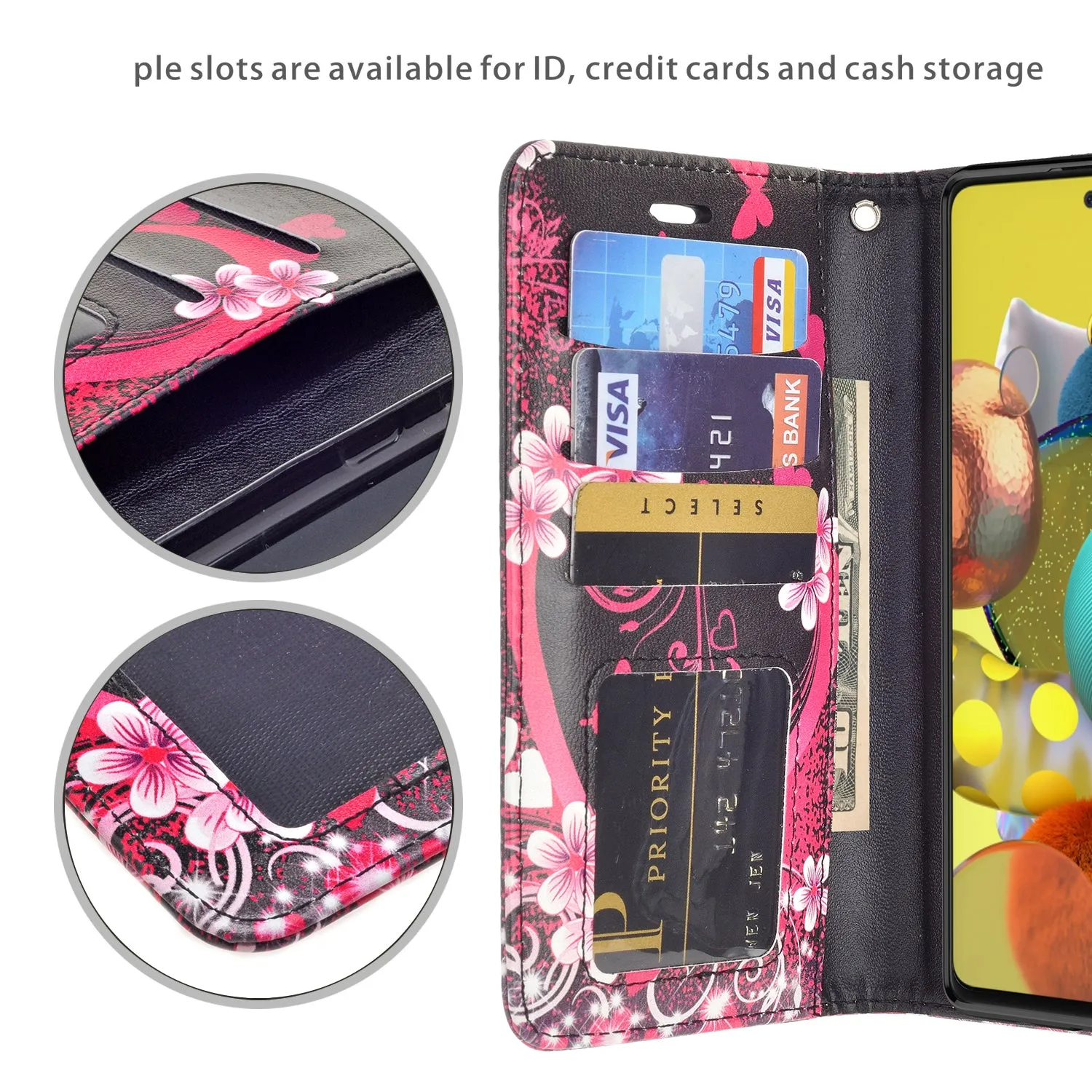 Samsung Galaxy A51 5G Case, Galaxy A51 5G Wallet Case, Wrist Strap Pu Leather Wallet Case [Kickstand] with ID & Credit Card Slots - Heart Butterfly