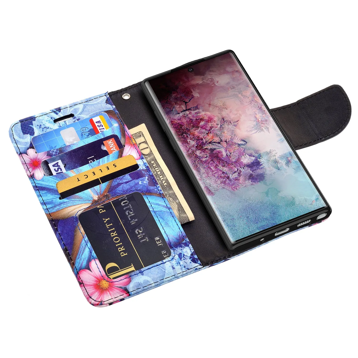 Samsung Galaxy Note 10  Case, Galaxy Note 10 Plus Wallet Case, Wrist Strap Pu Leather Wallet Case [Kickstand] with ID & Credit Card Slots - Blue Butterfly