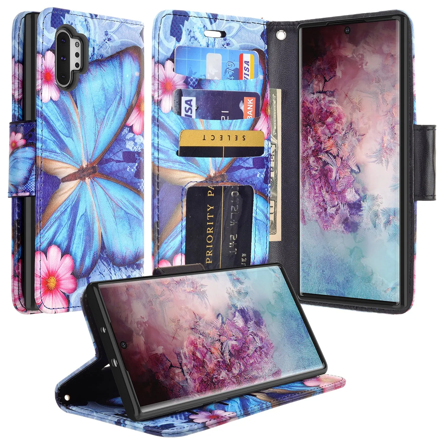 Samsung Galaxy Note 10  Case, Galaxy Note 10 Plus Wallet Case, Wrist Strap Pu Leather Wallet Case [Kickstand] with ID & Credit Card Slots - Blue Butterfly