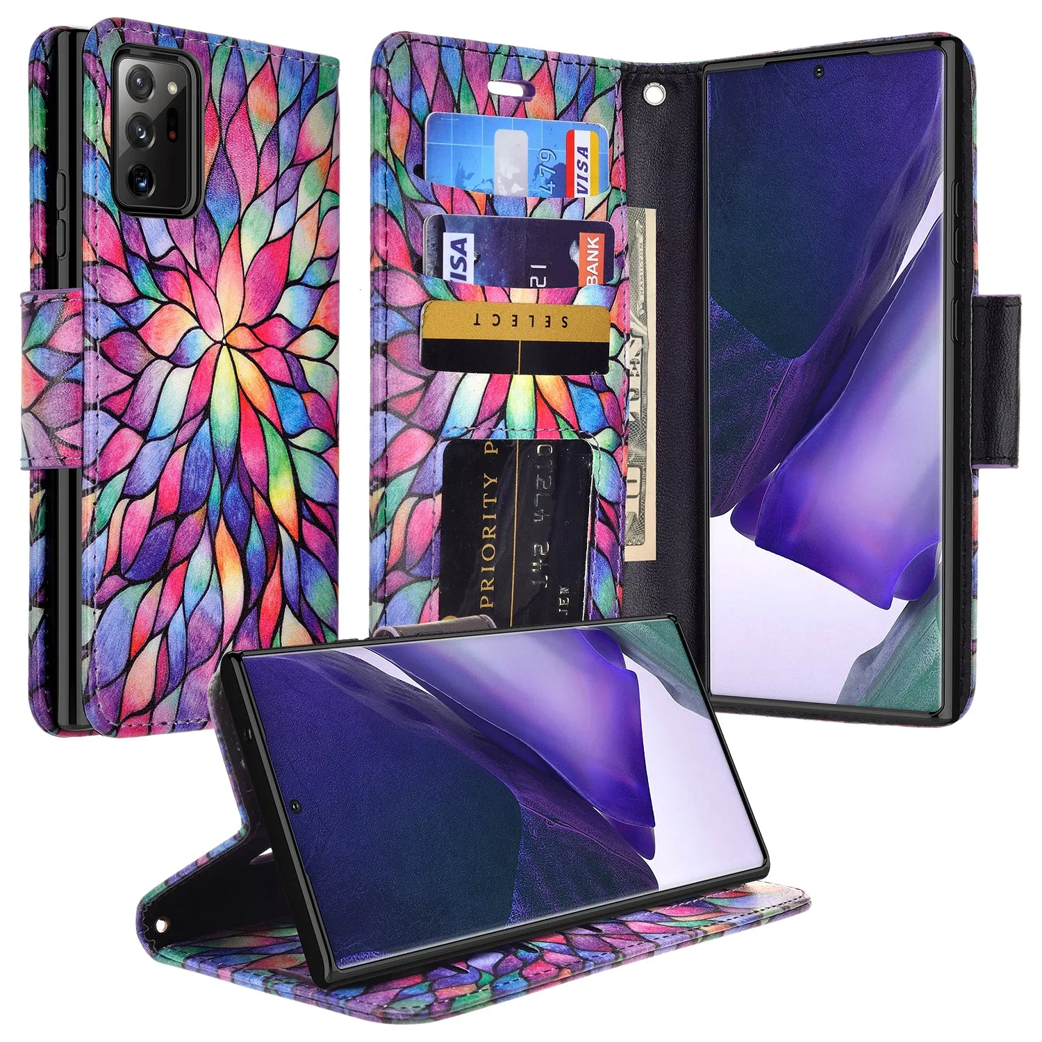 Samsung Galaxy Note 20 Ultra Case, Galaxy Note 20 Ultra Wallet Case, Wrist Strap Pu Leather Wallet Case [Kickstand] with ID & Credit Card Slots - Rainbow Flower