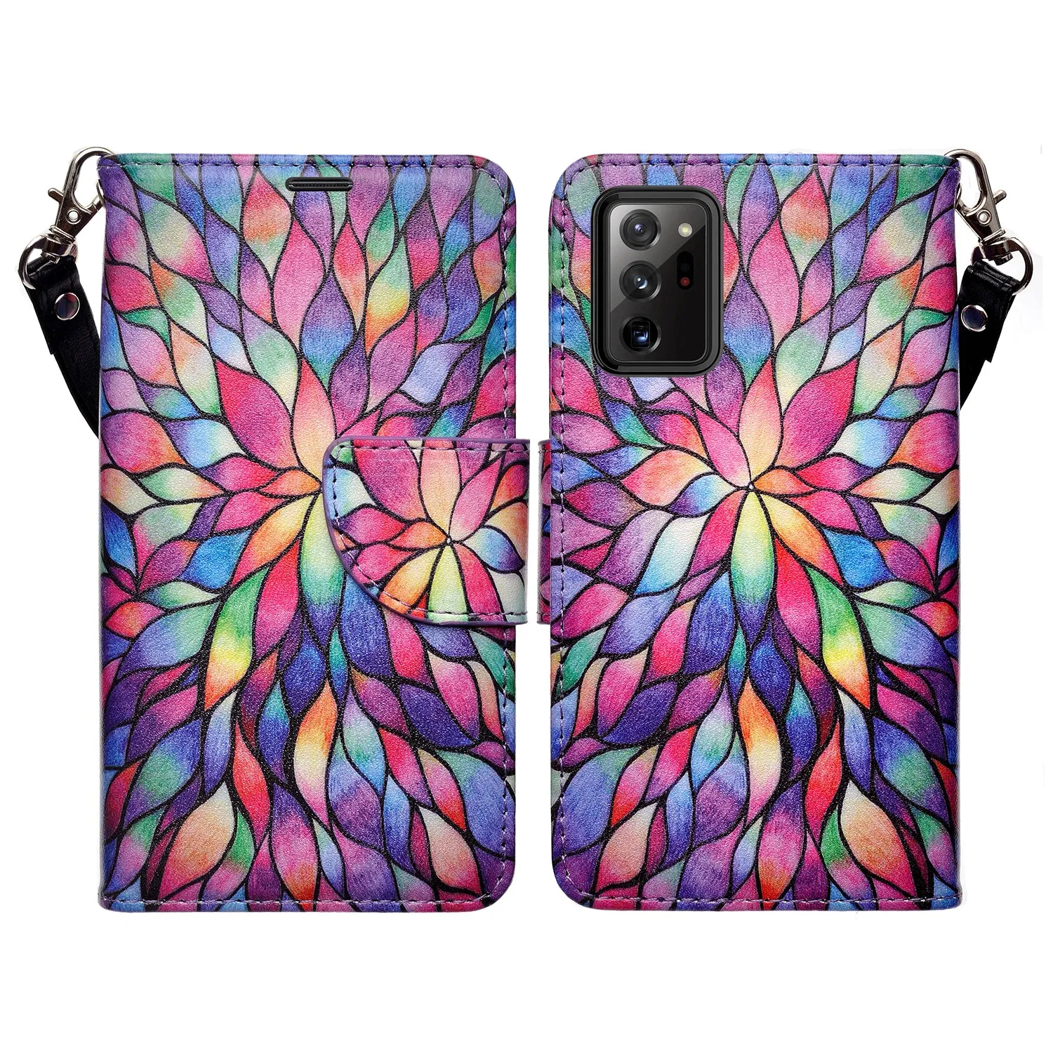 Samsung Galaxy Note 20 Ultra Case, Galaxy Note 20 Ultra Wallet Case, Wrist Strap Pu Leather Wallet Case [Kickstand] with ID & Credit Card Slots - Rainbow Flower