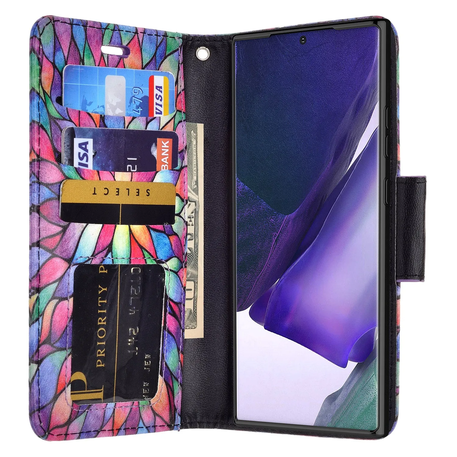 Samsung Galaxy Note 20 Ultra Case, Galaxy Note 20 Ultra Wallet Case, Wrist Strap Pu Leather Wallet Case [Kickstand] with ID & Credit Card Slots - Rainbow Flower