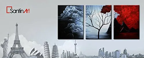 SANTIN ART- MODERN ABSTRACT PAINTING THE CLOUD TREE HIGH Q. WALL DECOR LANDSCAPE PAINTINGS ON CANVAS 12X16INCH 3PCS STRETCHED AND FRAMED READY TO HANG