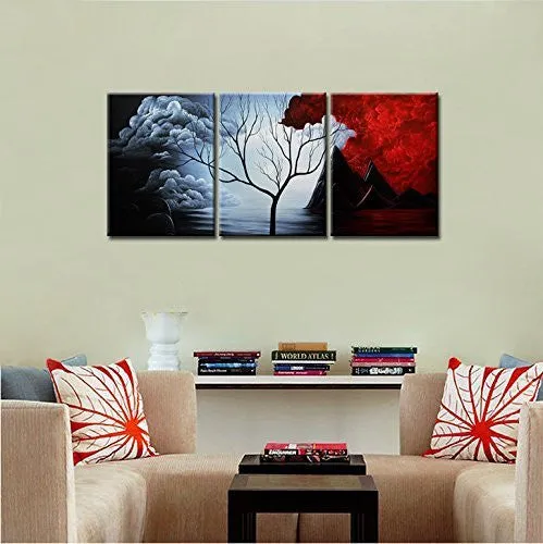 SANTIN ART- MODERN ABSTRACT PAINTING THE CLOUD TREE HIGH Q. WALL DECOR LANDSCAPE PAINTINGS ON CANVAS 12X16INCH 3PCS STRETCHED AND FRAMED READY TO HANG