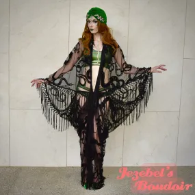 Sheer Mystical Snake Kimono, Fringe Burn Out Velvet Witchy Duster, Gothic Fortune Teller Bohemian Oracle Costume, Festival Goddess Bat Wing Cocoon Robe Dark Deco Black Poiret Serpent Queen Burlesque Occult Gothic Romantic Priestess